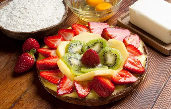 Oil, eggs, kiwi, strawberry, plate, pineapple, slices, juicy dessert