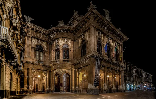 Night, lights, home, Italy, theatre, Sicily, Catania, Massimo Bellini