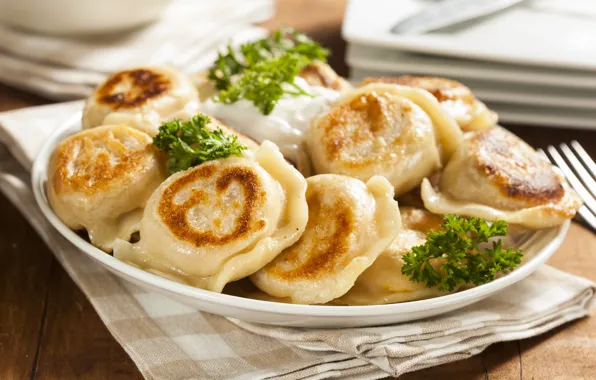 Picture greens, close-up, plate, dumplings