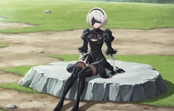 Field, girl, stone, girl, field, woman, stone, nier automata