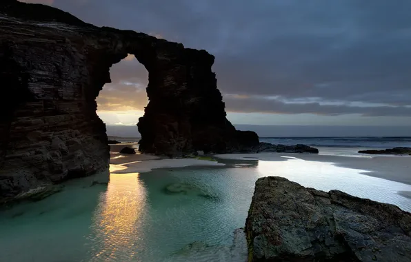 Beach, landscape, the ocean, rocks, dawn, rock arch