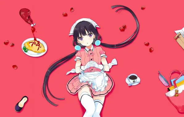 Strawberry, sweets, gloves, bag, the waitress, pink background, ketchup, apron