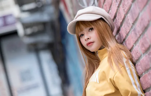 Picture look, girl, cap, Asian, bokeh, volosi