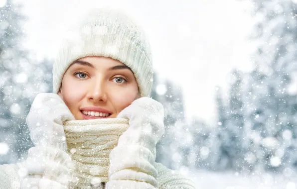 Winter, girl, snow, trees, snowflakes, glare, hat, beauty