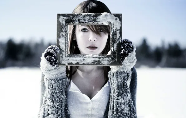 Cold, winter, snow, face, Girl, frame, frost, gloves