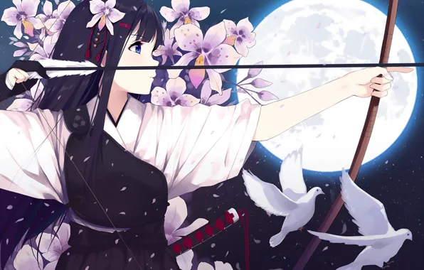 Picture girl, flowers, the moon, anime, bow
