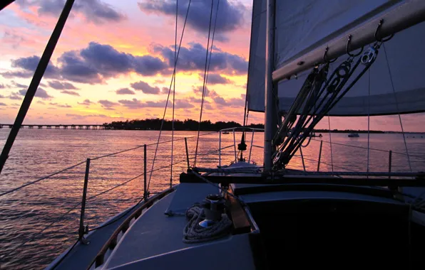 The sky, sunset, clouds, the ocean, coast, the evening, yacht, FL