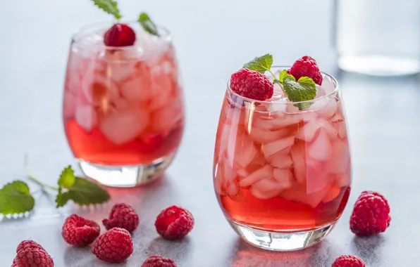 Glass, berries, raspberry, table, glasses, juice, cocktail, drink