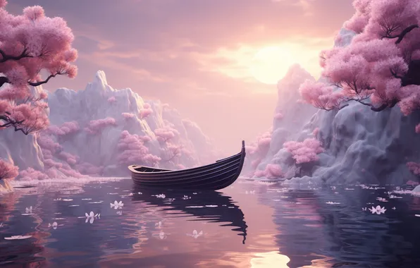 The sky, the sun, flowers, mountains, branches, fog, rocks, boat