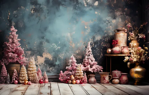 Balls, flowers, wall, toys, Board, bouquet, Christmas, dishes