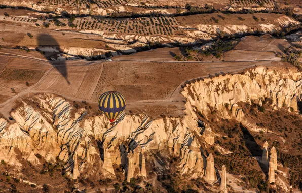 Mountains, balloon, rocks, Turkey, Cappadocia
