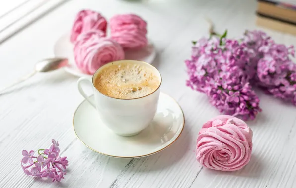 Picture coffee, Cup, lilac, marshmallows, ELIZAVETA ELESINA