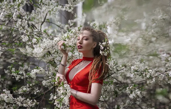 Picture look, girl, decoration, pose, spring, garden, dress, flowering