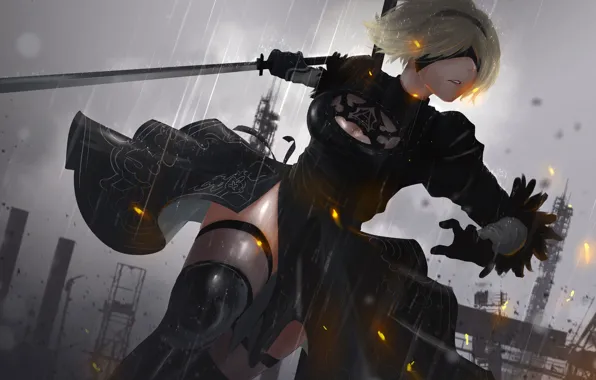 Girl, sword, dress, cyborg, cyberpunk, Square Enix, art, nier