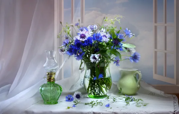 Picture bouquet, window, pitcher, cornflowers