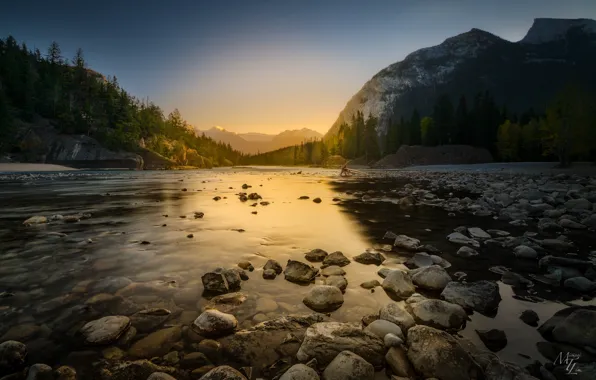 Picture mountains, nature, river, stones, dawn