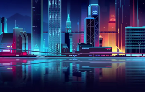 Water, Home, Reflection, Night, Vector, The city, River, Style