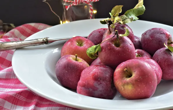 Picture apples, plate, knife, fruit, tablecloth