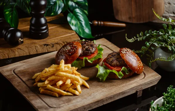 Picture burgers, wooden, small, cheese, board, beef