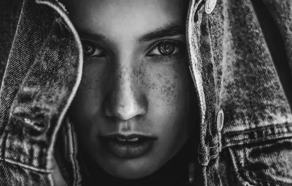 Portrait, freckles, monochrome, jeans, Alina, Andrey Zvyagintsev