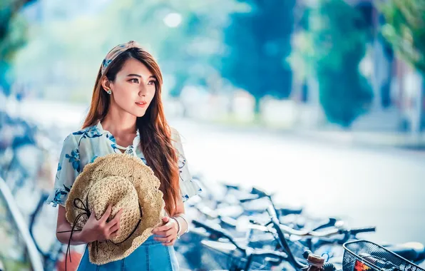 Look, Asian, Dress, Hat, Brown hair, Blurred background