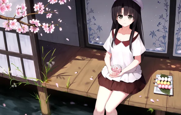 Picture girl, smile, home, anime, petals, Sakura, art, catholic megumi