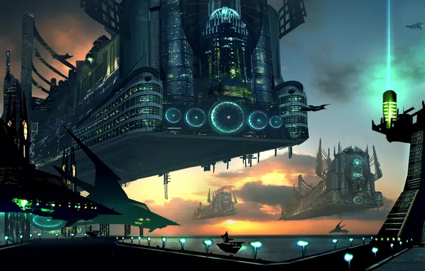 The sky, the city, future, ship