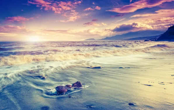 Sea, sunset, beach, sea, sunset, sand, wave