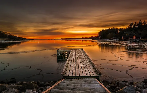 Picture landscape, sunset, bridge, lake