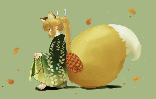 Kimono, squirrel, bangs, in profile, autumn leaves, fluffy tail, squats, redhead girl