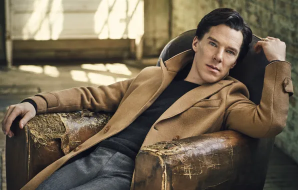 Pose, actor, sitting, coat, photoshoot, in the chair, pants, Benedict Cumberbatch