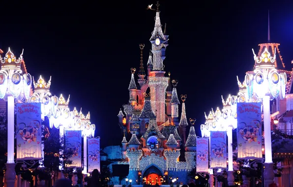 Decoration, lights, castle, France, Paris, Paris, Disneyland, Christmas