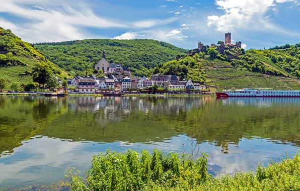 Picture greens, summer, the sky, the sun, clouds, trees, nature, river