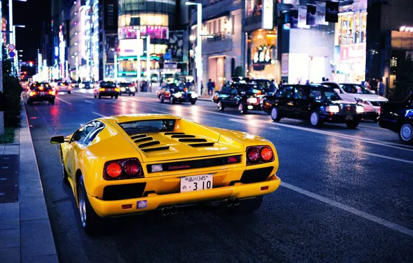 Picture car, city, Auto, Yellow, The city, Lamborghini, yellow, Diablo