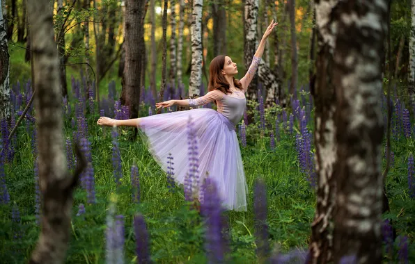 Flowers, movement, grace, birch, ballerina, gesture, in the woods, Moshenko Sergey