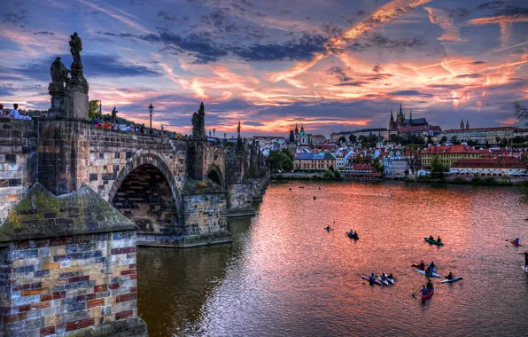 Clouds, bridge, the city, river, home, the evening, Prague, Czech Republic