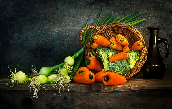 Picture basket, bow, pepper, still life, carrots, Spring onions