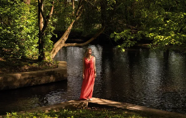 Picture girl, nature, pose, river, dress, Andrey Brandis
