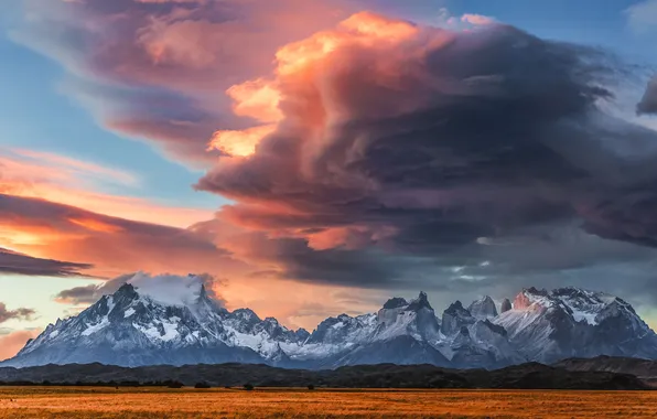 Field, the sky, clouds, tops, Andes, Patagonia