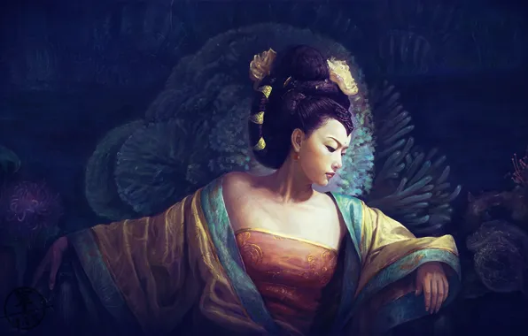 Girl, corals, art, hairstyle, geisha