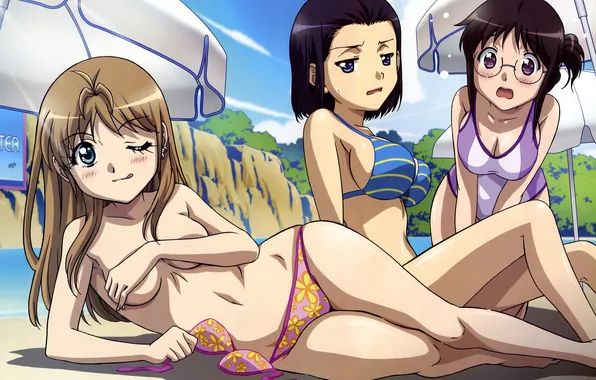 Beach, swimsuit, chest, girls, glasses, licked, miyano mayu, takes w miharu