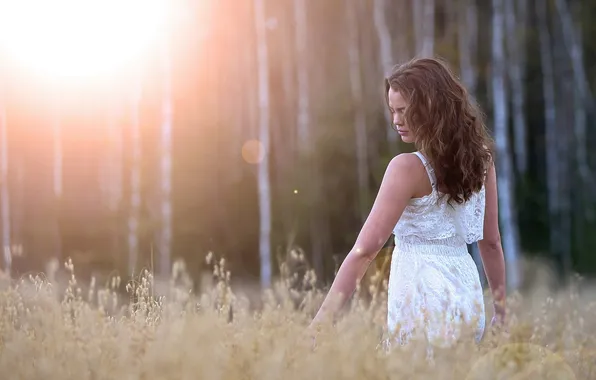 Field, summer, girl, light