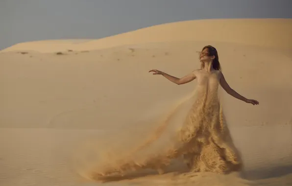 Girl, pose, desert, photo by Katerina Plotnikova, dress sand