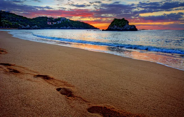 Sand, sea, beach, sunset, traces, beach, sea, sunset