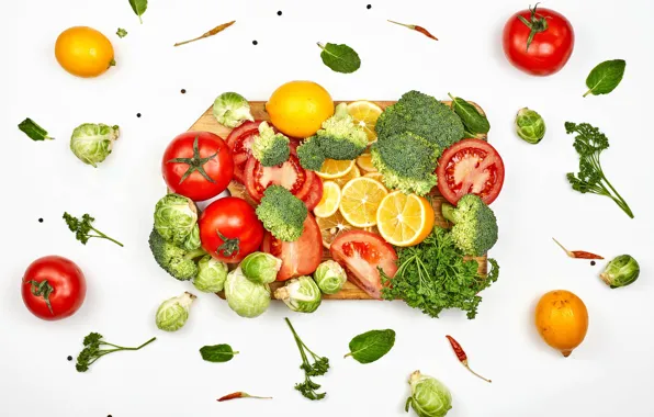 Dill, white background, pepper, vegetables, tomatoes, cabbage, lemons, broccoli
