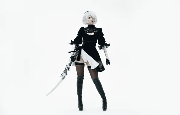 Picture cleavage, blue eyes, model, women, cosplay, white hair, thighs, Alina Becker