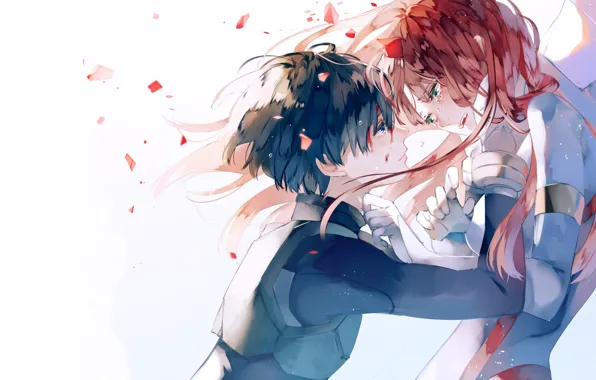 Girl, petals, guy, 002, Darling In The Frankxx, Cute in France, Hiro
