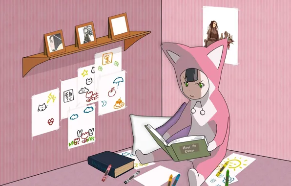 Room, books, robot, child, drawings, jumpsuit, ears, on the floor