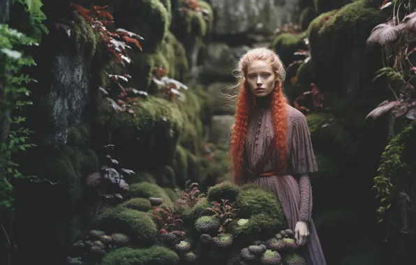Look, girl, nature, pose, stones, rocks, moss, dress