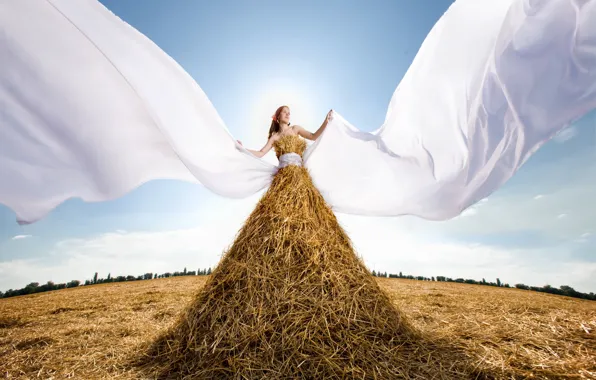 Picture photo, The sun, The sky, Girl, Straw, Grass, Hay, Creative